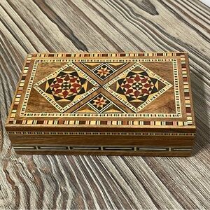 Wooden Micro Mosaic Inlay Jewelry Box Hinged Red Velvet Lined Hand Crafted